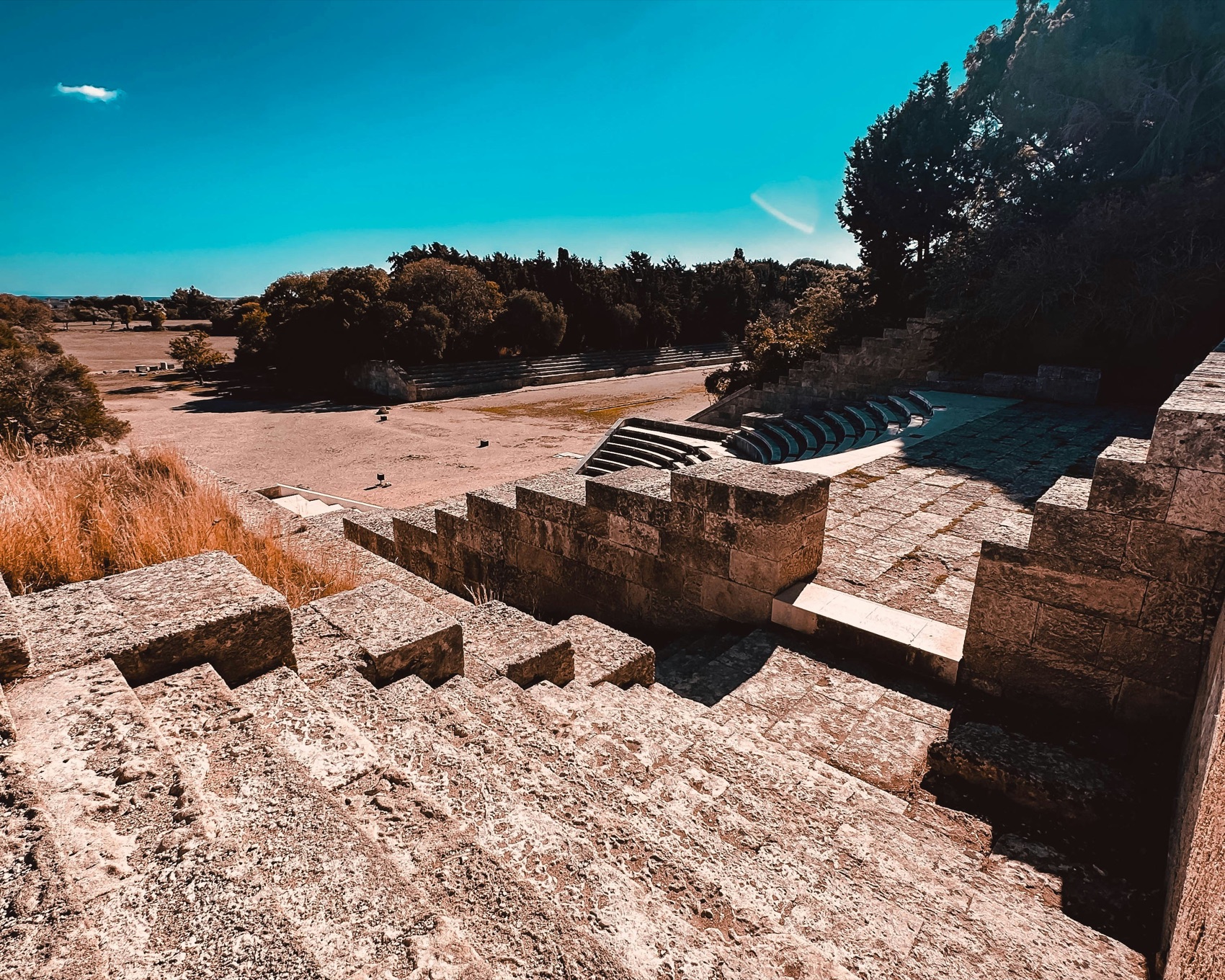 Terraces and stepped streets of the excavated ancient city of Kamiros